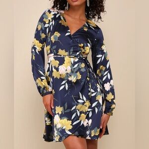 Lulus Love is Life Navy Blue Floral Print Satin Wrap Dress